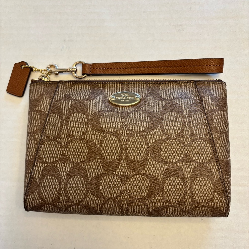 Coach Signature Double Corner PVC Coated Canvas Zip Top Wristlet